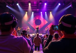Hybrid brand activation event featuring live audience engagement and virtual participation with digital screens and interactive elements.